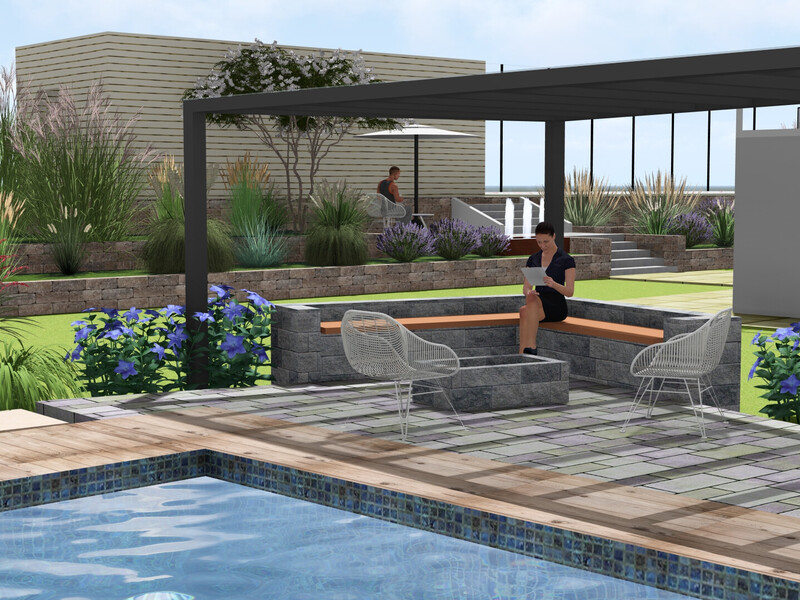 EHL Design Service 3D+, Blick vom Pool auf Terrasse