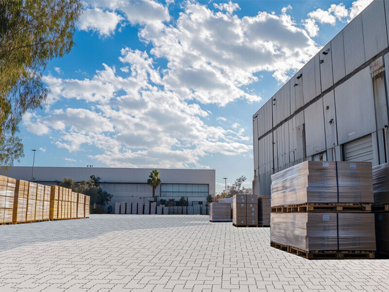 Großer Hof eines Logistikzentrums mit Pflasterfläche