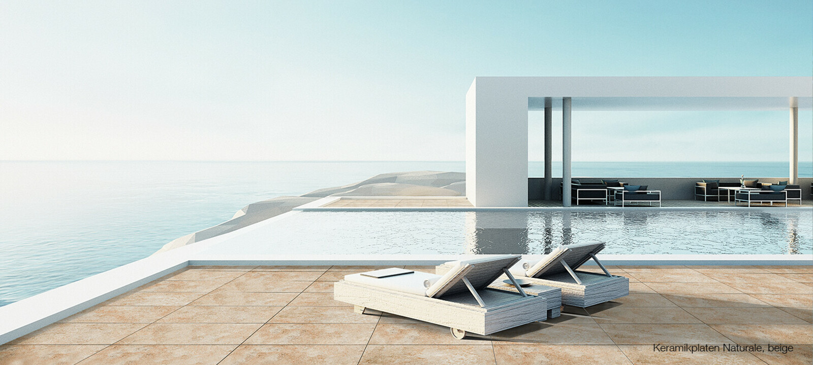 Urlaub Keramik Terrassenplatten Natursteinoptik beige mediterran