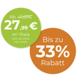 Rabattstörer mit Preisangabe und bis zu 33 % Rabatt, grün-orange Kreisgrafik