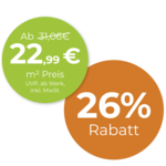 Rabattstörer mit Preisangabe 22,99 € pro m² und 26 % Rabatt
