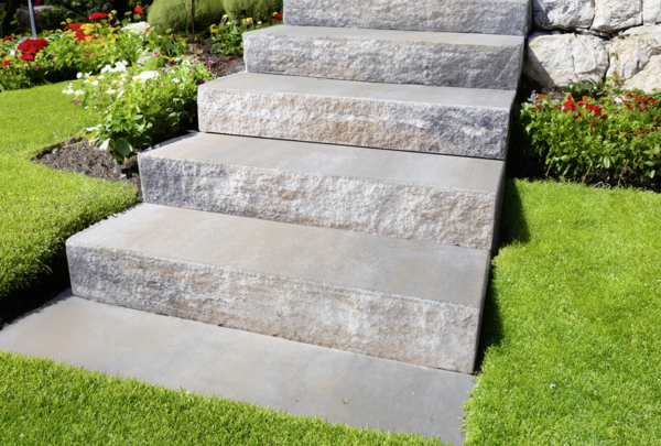 Spaltstufen aus Beton in hellgrau, als Gartentreppe zwischen Rasen und Blumenbeet verlegt