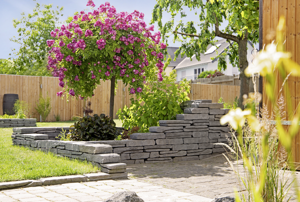 Weinbergmauer als Beet-Einfassung im Garten