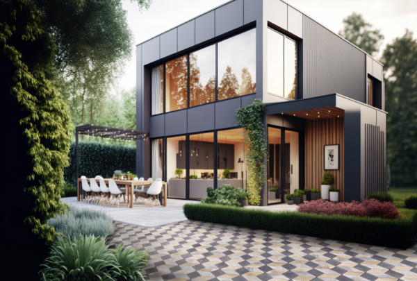 Pflaster im geometrischen Muster vor moderner Terrasse und Einfahrt im Garten