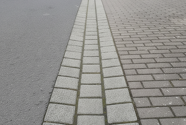 Graue Rinnenpflaster-Steine in einer schmalen Entwässerungsrinne entlang der Straße