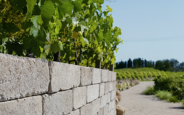 Mauer aus hellen Quadern entlang eines gepflasterten Gartenwegs