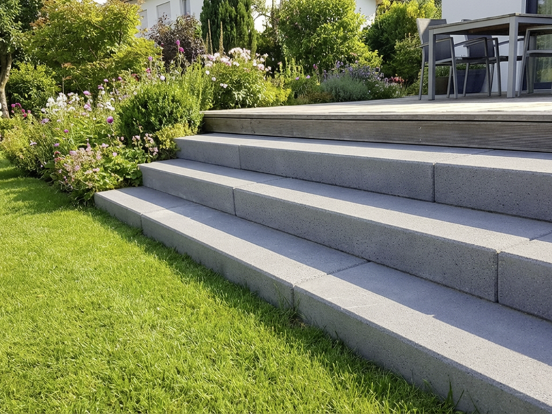 Terrassenstufen aus grauen Betonblockstufen im Garten neben einer bepflanzten Außenanlage