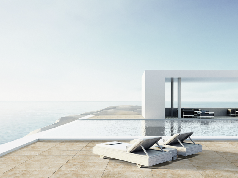 Terrassenplatten in Beige vor Pool und moderner Außenanlage