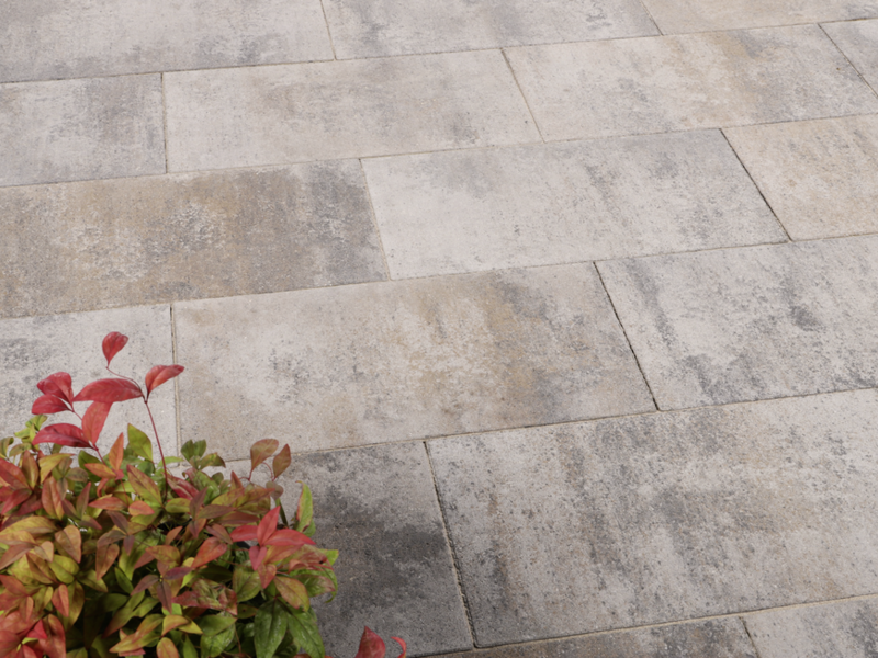 muschelkalkfarbene Betonplatten in rechteckiger Verlegung auf einer Terrasse, Produkt