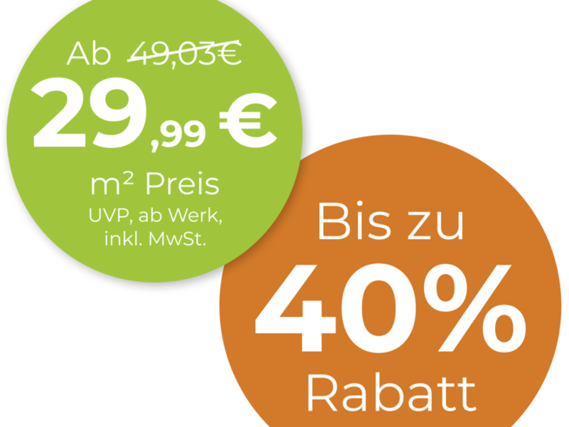 Rabattstörer mit Preisangabe und bis zu 40 % Rabatt in grünen und orangefarbenen Kreisen
